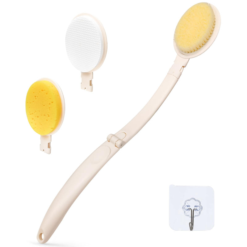 LFJ 19" Long Handle Shower Sponge Brush Set, 3 in 1 Body Brush, Bath Sponge and Lotion Applicator Improved Skin Health, Suitable for Men and Women