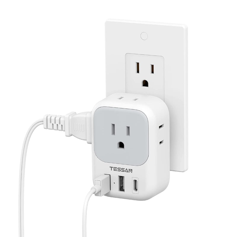 USB Wall Charger, Wall Plug Adapter Outlet Extender, TESSAN 3 Charger Block (1 USB C Port), Multi Charging Station for Cruise, Bathroom, Office,