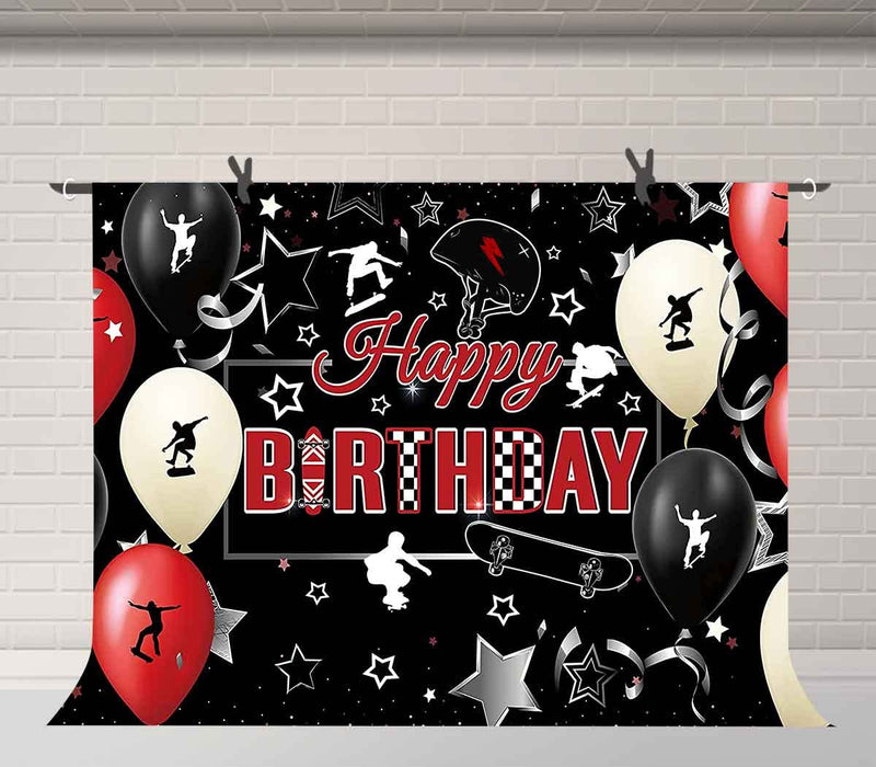 Skateboard Happy Birthday Backdrop 7X5Ft Extreme Sports Props Balloon Helmet Banner Photography Background for Teen Birthday Party Photo Booth