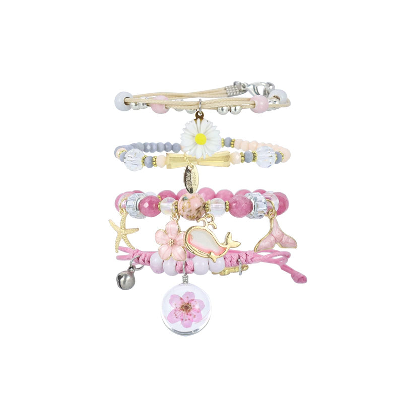4 Pcs Beaded Cute Bracelets for Teen Girls Women, Dainty Cute Cartoon Crystal Beads Pearl Stretch Charm Handmade Adjustable Anklets Bracelet Set