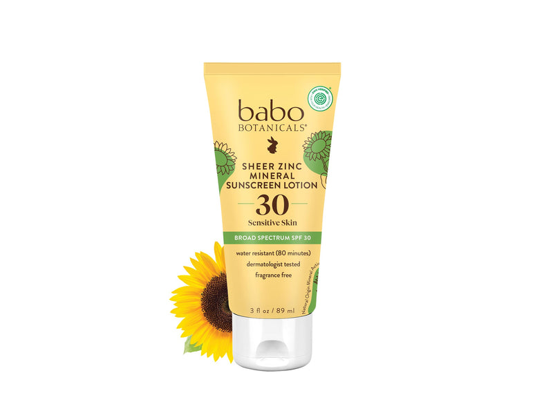 Babo Botanicals Sheer Zinc Mineral Sunscreen Lotion SPF30 - Natural Zinc Oxide - Shea Butter - Face & Body - Water Resistant - Fragrance-Free -