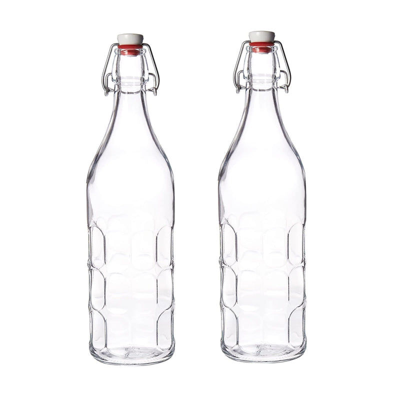 Bormioli Rocco Set of 2 Moresca Bottles, 33.75 Oz. Clear Textured Glass, with Swing Top Hermetic Lid, Leak Proof Water Bottle, Dishwasher Safe,