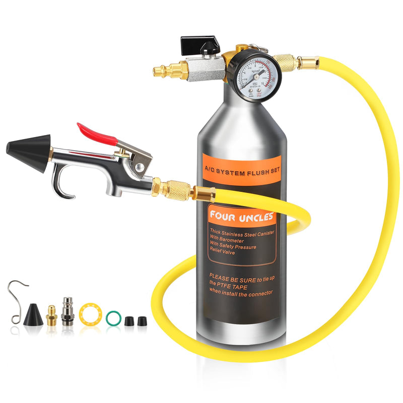 FOUR UNCLES AC Flush Kit - Air Conditioner System Cleaning Tool Set with Stainless Steel Canister and Nylon Hose & Flushing Spray Gun for R134A