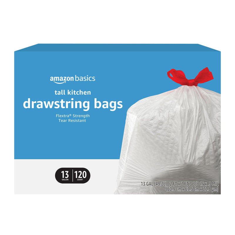 Amazon Basics Flextra Tall Kitchen Drawstring Trash Bags, 13 Gallon, 120 Count