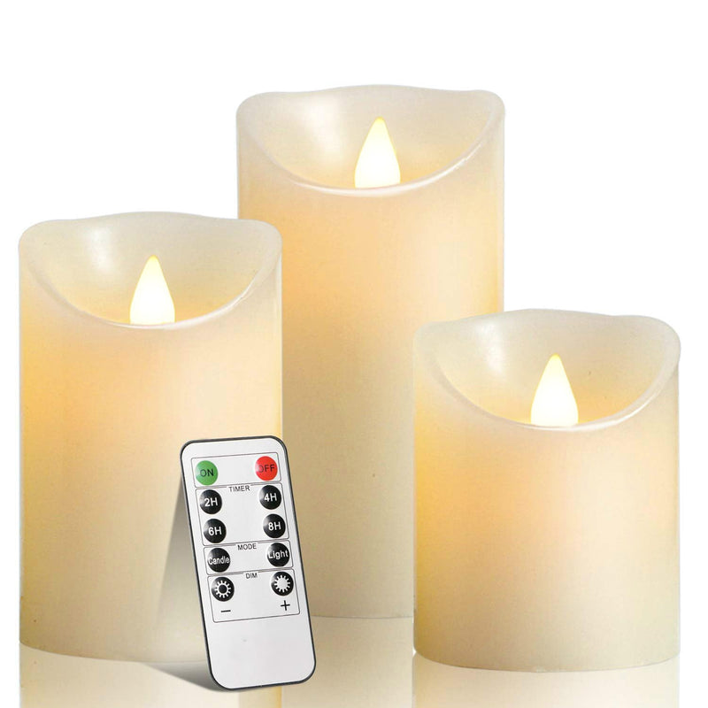 Flameless Battery Operated LED Candles With10Key Button Remote Control 24-Hour Timer Set of 3 Electric Flickering Pillar Real Waxï¼Wedding, Party,