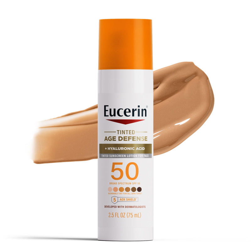 Eucerin Sun Tinted Age Defense SPF 50 Face Sunscreen Lotion with Hyaluronic Acid, Hypoallergenic, Non-Comedogenic Tinted Sunscreen SPF 50 Free of
