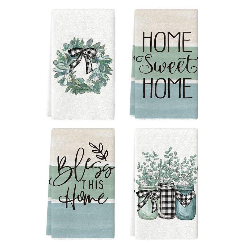Artoid Mode Eucalyptus Buffalo Plaid Vase Home Sweet Home Kitchen Towels Dish Towels, 18X26 Inch Seasonal Decoration Hand Towels Set of 4