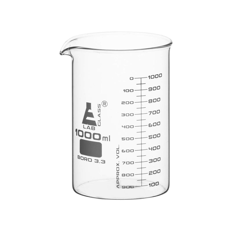 EISCO Beaker, 1000Ml - ASTM - Low Form with Spout - Dual Scale, White Graduations - Borosilicate 3.3 Glass