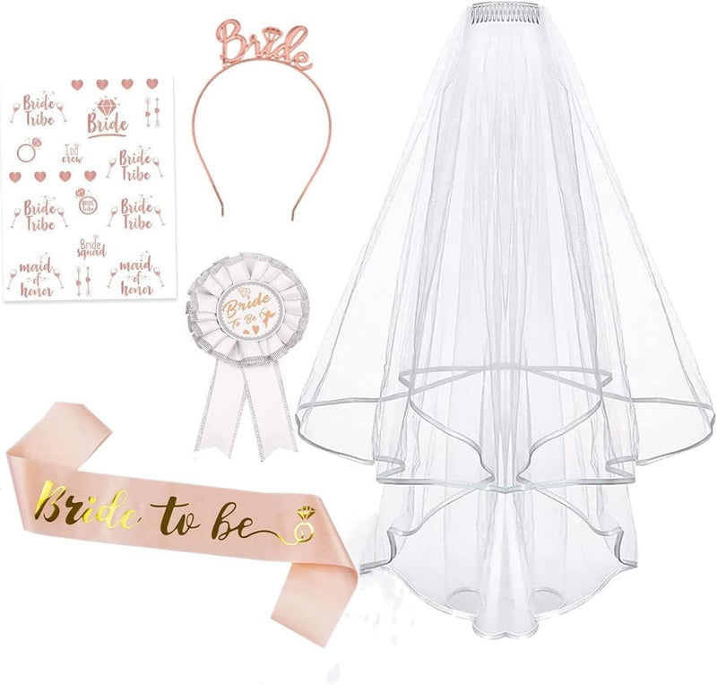 Lecone Bridal Shower Decoration, 5 Pieces Bride to Be Sash and Veil Bride Headband Tiara Garter Bridal Shower Decor Wedding Veil Set Bachelorette