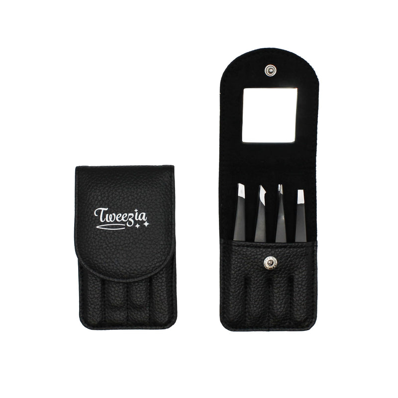 TWEEZIA Stainless Steel Tweezer Set - 4 Precision Tweezers with Mirror & Leather Case - Ideal Eyebrow Kit, Ingrown Hair Tweezers, Splinter Removal