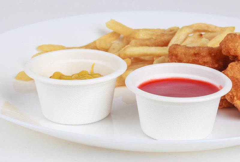 Golden Apple, 2oz-100ct Portion cups. Compostable Sugarcane/Bagasse. Biodegradable. Sample food cops.