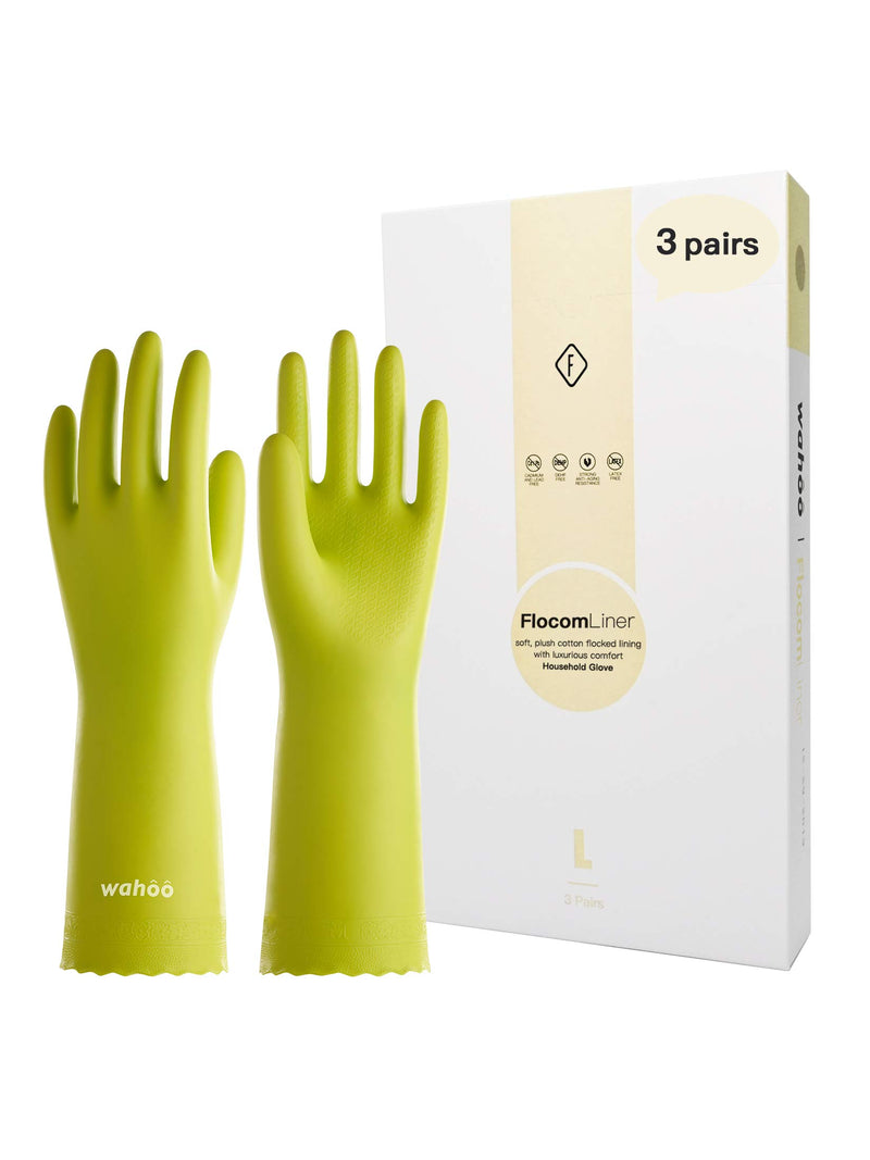 LANON 3 Pairs Wahoo Skin-Friendly Cleaning Gloves, Dishwashing Kitchen Gloves with Cotton Flocked Liner, Reusable, Non-Slip, Bud Tender, Medium