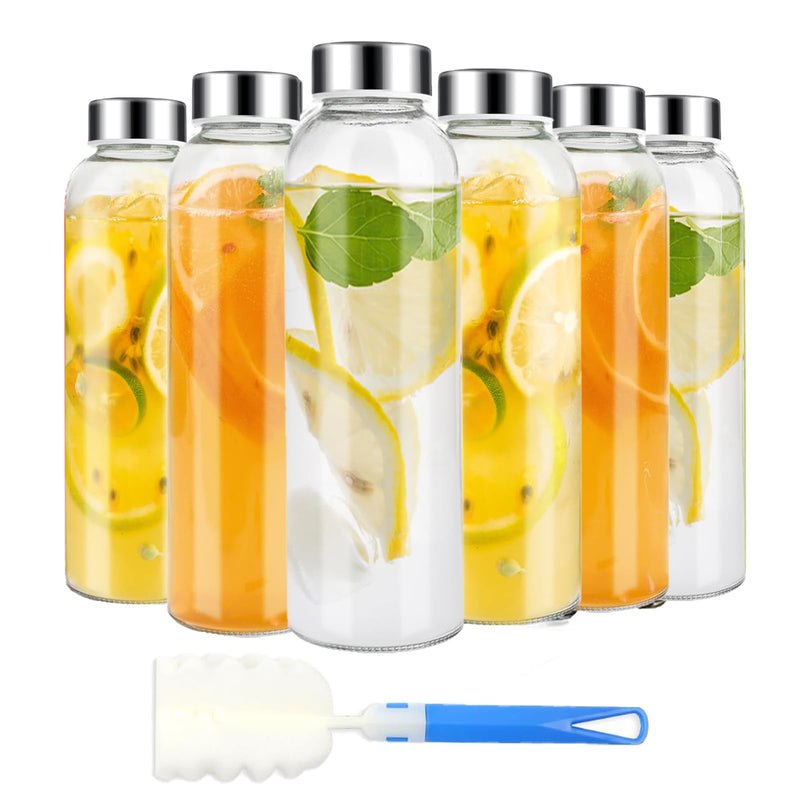 Clear Glass Bottles with Lids 6Pcs Set 18Oz,Reusable Glass Water Bottle with Stainless Steel Cap, 100% Leak Proof,Can Be Used for Fruit Juice,