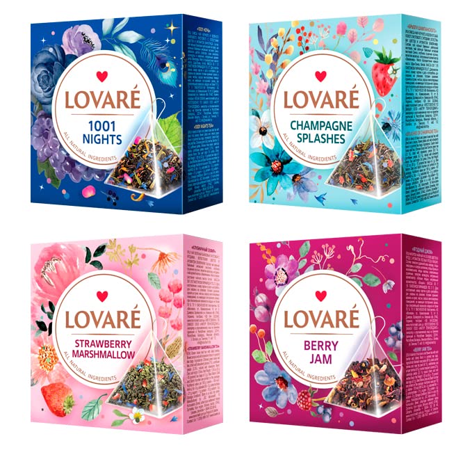 LOVARE Assorted Tea Variety Pack of 60 Pyramids - Made in Ukraine - Set of 4 Pyramid Tea Bags Boxes â 1001 Nights, Strawberry Marshmallow,