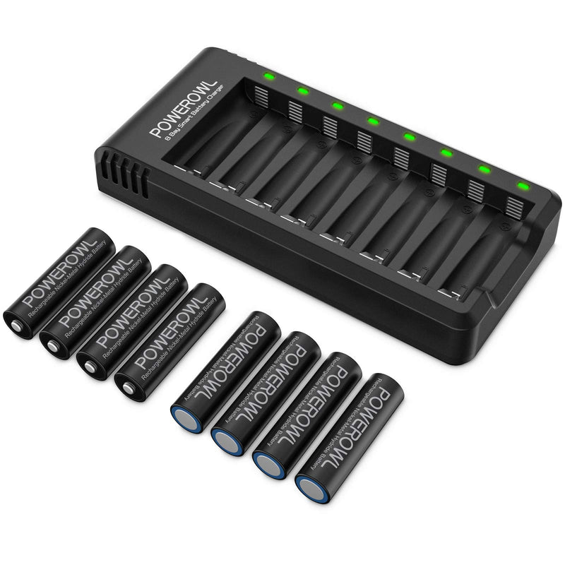 Rechargeable AA Batteries with Charger, POWEROWL 8 Pack of 2800Mah High Capacity Low Self Discharge Ni-Mh Double a Batteries with Smart 8 Bay