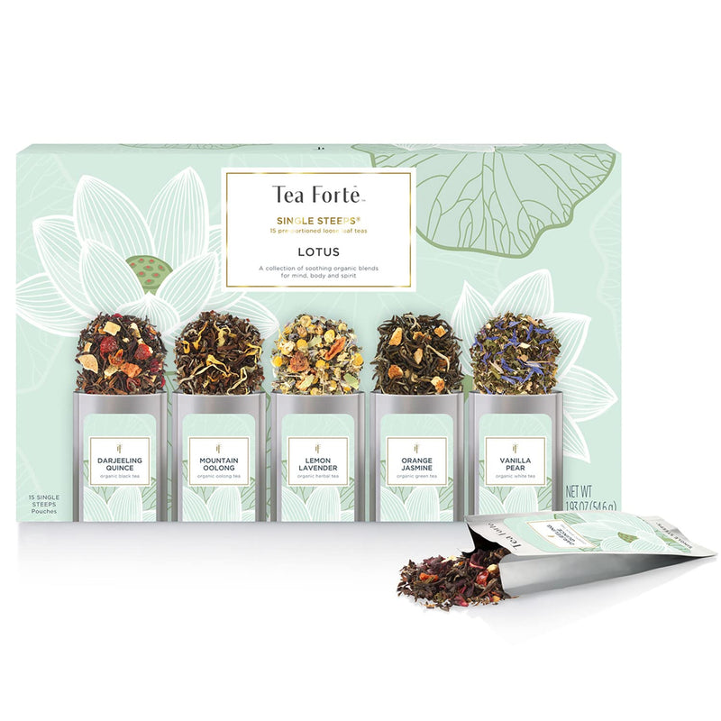 Tea Forte Lotus Single Steeps Loose Leaf Premium Tea Gift Set Sampler, 15 Count 3 of Each Assorted Blends, Pre-Portioned Single Serve Pouches,