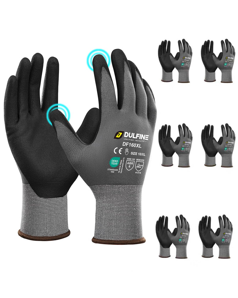 DULFINE Safety Work Gloves Microfoam Nitrile Coated-6 Pairs Pack,Seamless Knit Nylon Glove with Black Micro-Foam Nitrile Grip,Ideal for General