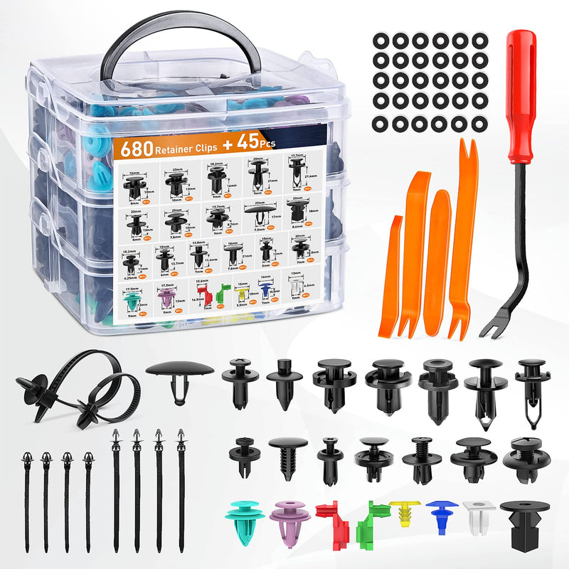 GOOACC 725Pcs Car Push Retainer Clips & Auto Fasteners Assortment -23 Most Popular Sizes Nylon Bumper Fender Rivets with 10 Cable Ties and