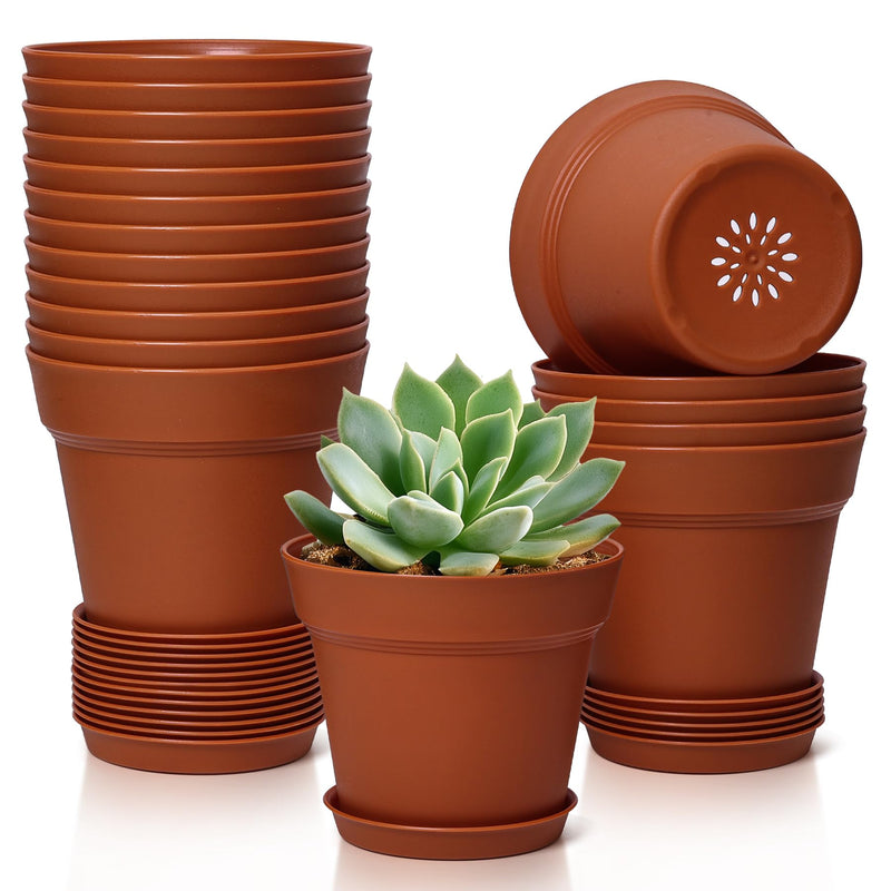 T4U 4 Inch Plant Pots 18-Pack, Small Flower Pots with Saucer and Drainage Hole, Durable Plastic Pots, Nursery Small Flower Pot Bulk for Plants,
