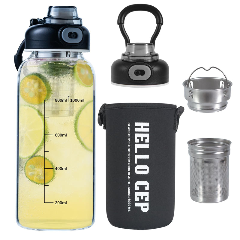 34oz tea bottle with infuser - Large Capacity Glass Water Bottle, With Time Mark, Stainless Steel Tea Strainer,Sleeve, BPA Free,For hot or cold