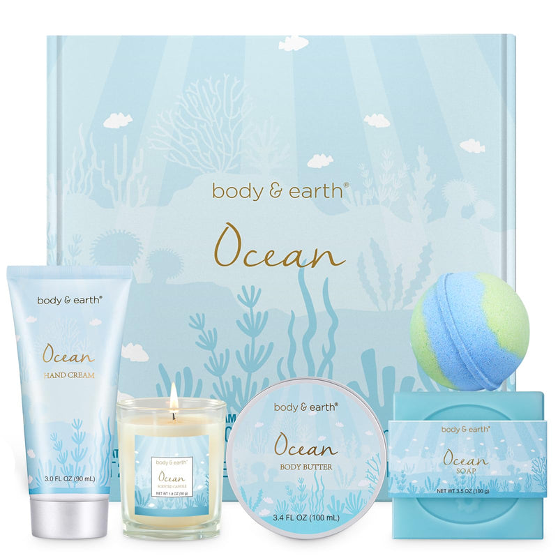 Gifts for Women, Bath and Body Womens Gift Sets with 5 Pcs Ocean Scented Spa Gifts for Women Bath Gift with Scented Candle Body Butter Hand Cream