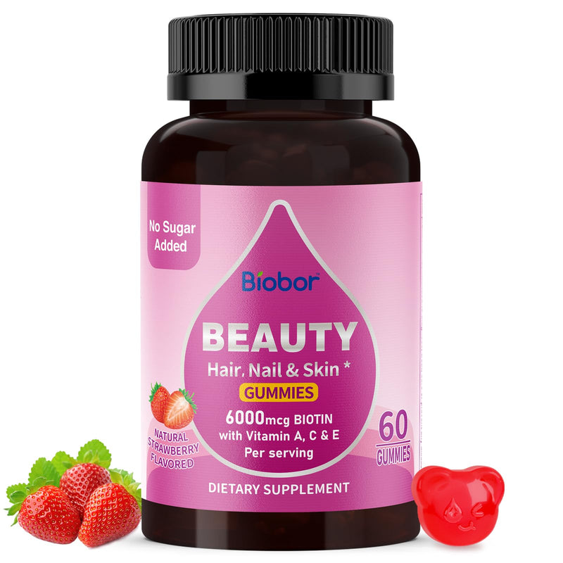 Beauty Gummies No Sugar Added, Hair Skin and Nails Gummies with Vitamins a C E, Natural 6000Mcg Biotin Gummies for Women Men, GMO Free, Gluten