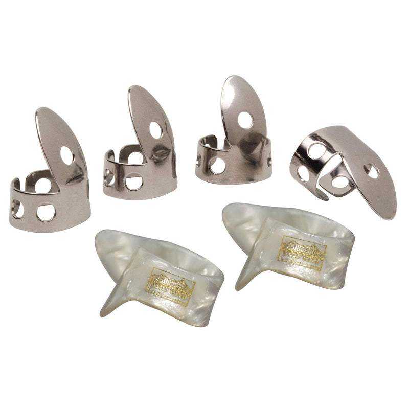 Golden Gate Guitar Picks - Large/Extra Thick Stainless Steel & Pearloid Finger & Thumb Picks - Set of 6 for Guitar, Banjo, Resonator Guitar