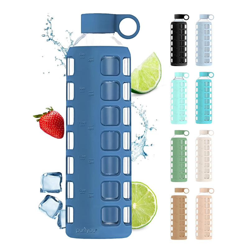 Purifyou Premium 40/32 / 22/12 Oz Glass Water Bottles with Times to Drink and Volume, Silicone Sleeve & Stainless Steel Lid Insert, Reusable for