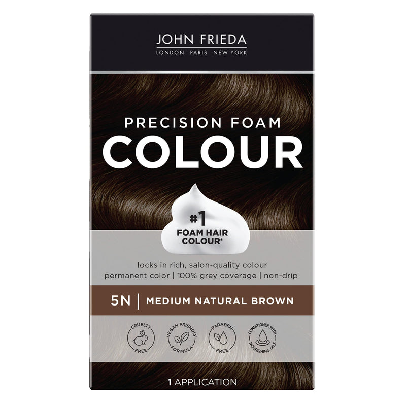 John Frieda Precision Foam Colour, Medium Natural Brown 5N, Full-Coverage Hair Color Kit, Anti-Fade Gray Coverage, Deep Color Saturation Hair Dye,