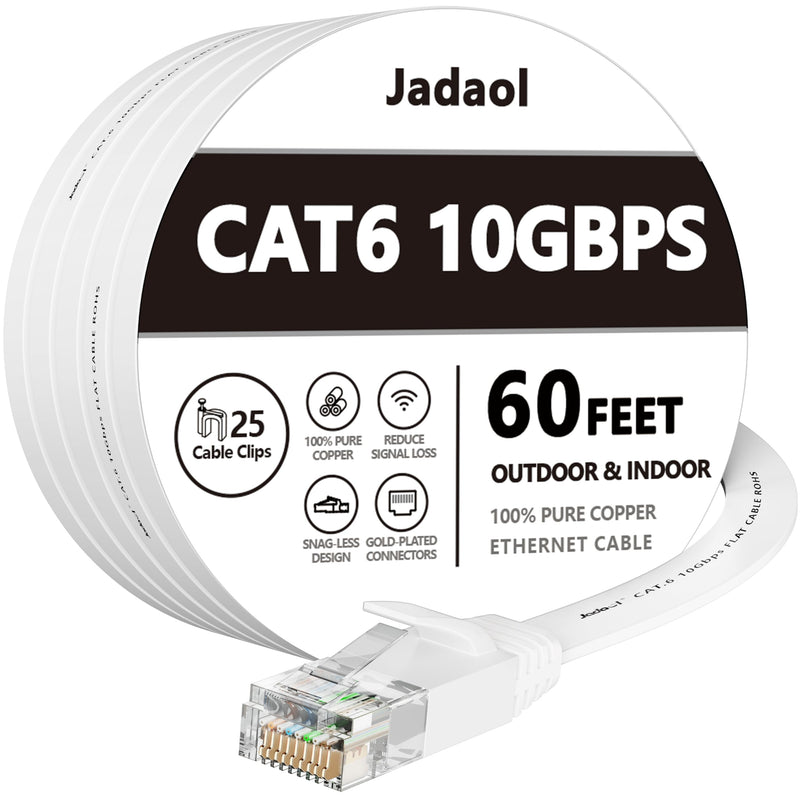 Cat 6 Ethernet Cable 60 Ft, Outdoor&Indoor, 10Gbps Support Cat8 Cat7 Network, Slim Long Flat Internet LAN Patch Cord, Cat6 Fast Speed Weatherproof