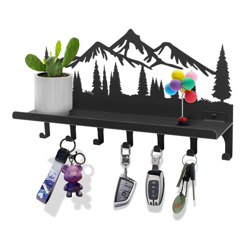 Wall Mounted Mountain Key & Mail Holder with Shelf | Metal Key Organizer with 2 in 1 Key Hooks for Entryway, Hallway, Office