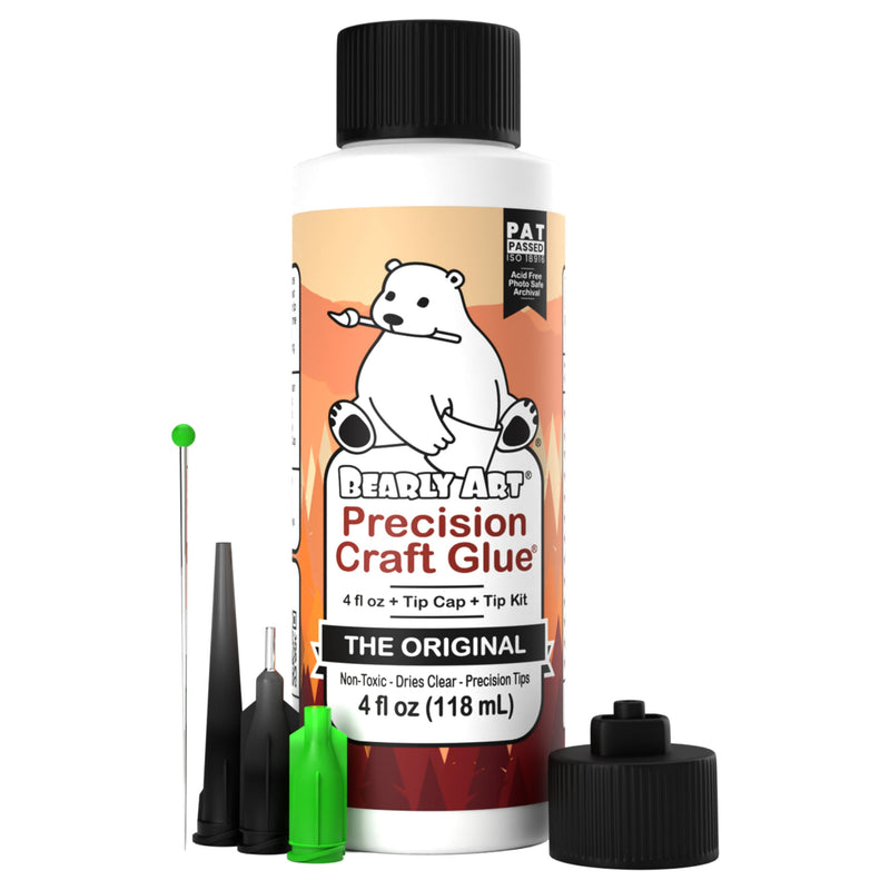Bearly Art Precision Craft Glue - the Original - 4Fl Oz - Tip Kit Included - Dries Clear - Metal Tip - Wrinkle Resistant - Flexible and Crack