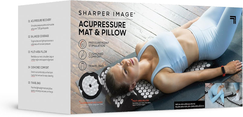 Sharper Image® Acupressure Mat & Pillow Set with Travel Bag for Full Body Muscle Recovery & Relaxation, Stress & Anxiety Relief, Back Neck Shoulder Pain Relief| Portable Travel Massage Tool Gift