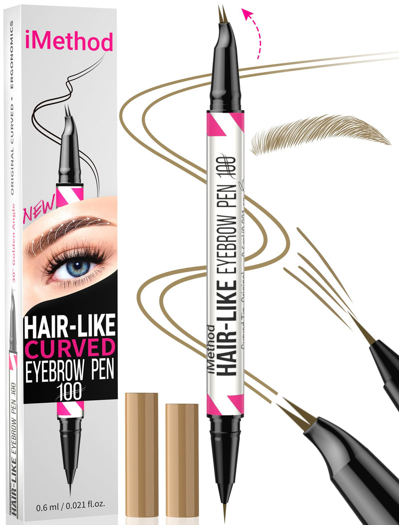 iMethod Curved Eyebrow Pen - 2-in-1 Dual-Ended Eyebrow Pencil with Curved Tip and Precise Brush-Tip, Microblading Pen for Natural Hair-Like Brows,