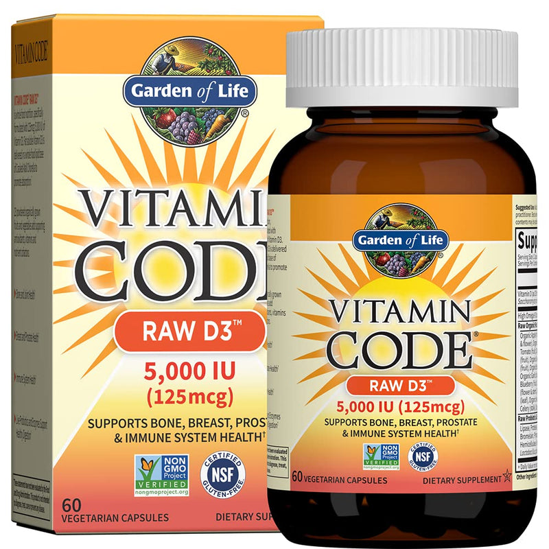 Garden of Life Vitamin D, Vitamin Code Raw D3, Vitamin D 5,000 IU, Raw Whole Food Supplements with Chlorella, Fruit, Veggies & Probiotics for Bone