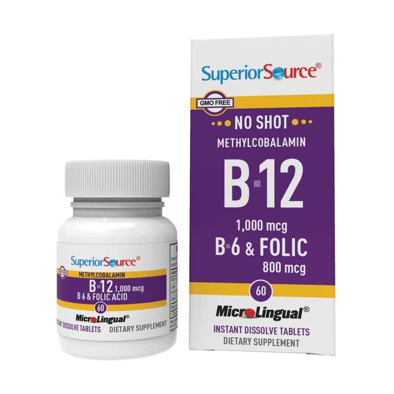 Superior Source No Shot Vitamin B-12 Methylcobalamin 1000 Mcg, B-6 & Folic Acid 800 Mcg - Supports Brain & Heart Health - Aids Natural Energy