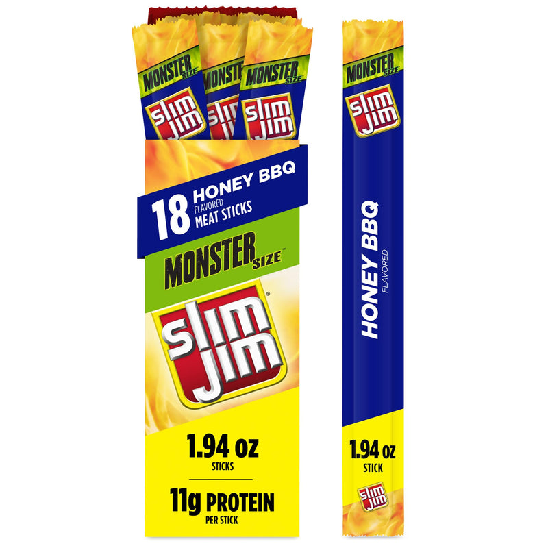 Slim Jim Monster Smoked Meat Sticks, Honey BBQ Flavor, 11G Protein per Stick, Father'S Day Gift, 1.94 Oz. (18 Count)