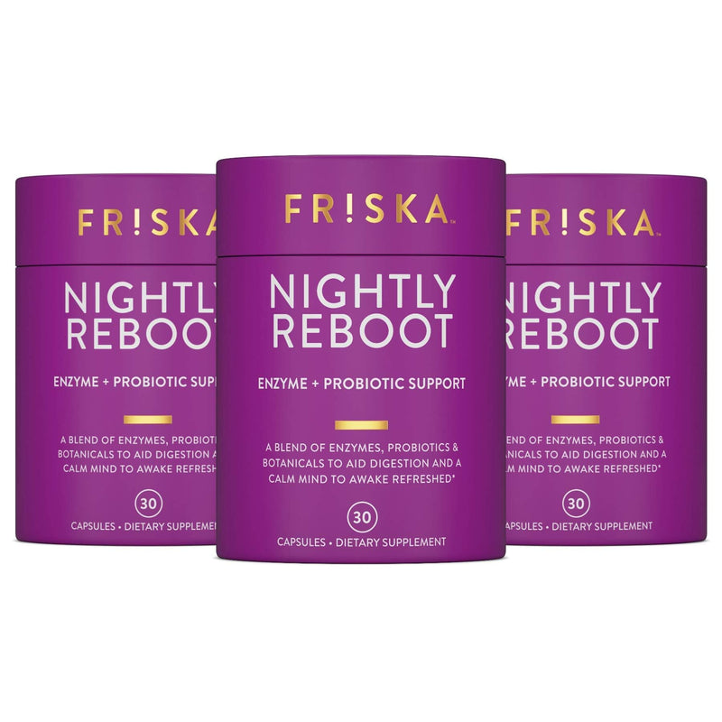 FRISKA Nightly Reboot Enzyme and Probiotics Supplement, Promotes Better Digestion and Sleep, Supports Gut Health for Men and Women, Melatonin,
