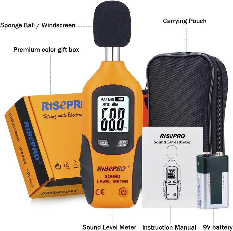 Decibel Meter, RISEPRO® Digital Sound Level Meter 30 – 130 Db Audio Noise Measure Device Backlight MAX/MIN, Data Hold Auto Power off Dual Ranges HT-80A