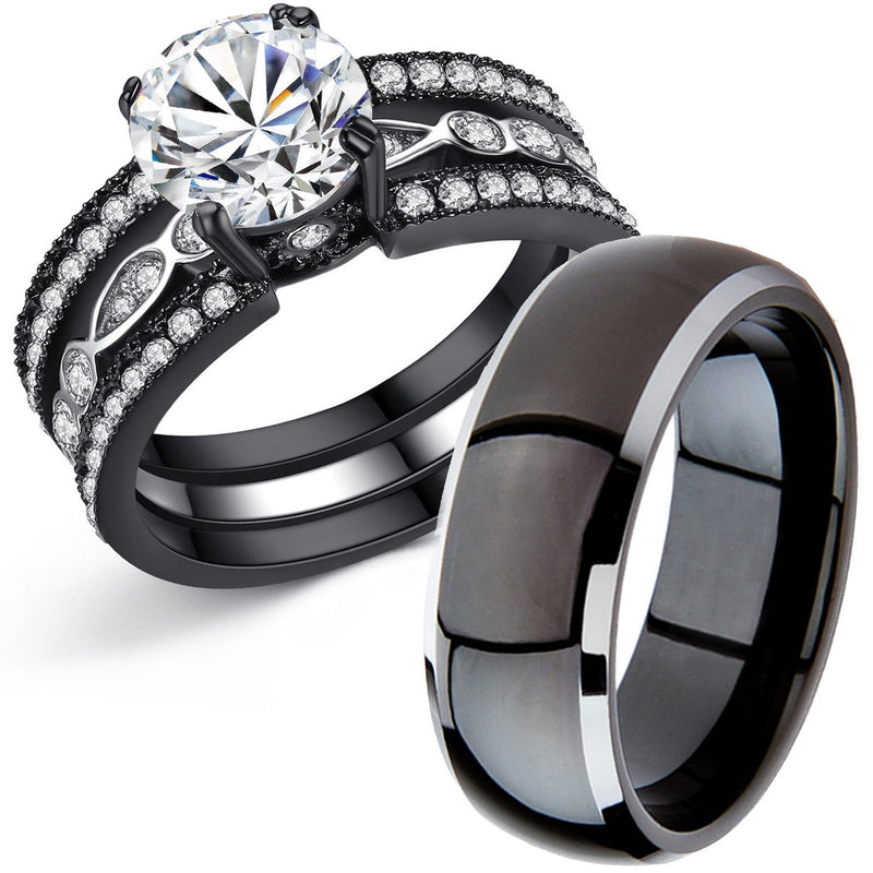 MABELLA Couple Rings Black MenâS Titanium Matching Band Women CZ Stainless Steel Engagement Wedding Sets