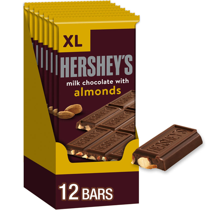 HERSHEY'S Milk Chocolate with Almonds XL, Candy Bars, 4.25 Oz (12 Count, 16 Pieces)