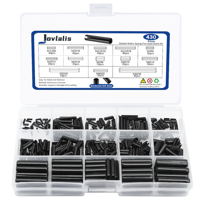 430 Pcs Roll Pin Set, Slotted Metric Spring Pins, Steel Split Expansion Pin M1.5 M2 M2.5 M3 M4 M5 M6, Spring Dowel Tension Roll Pins for Home