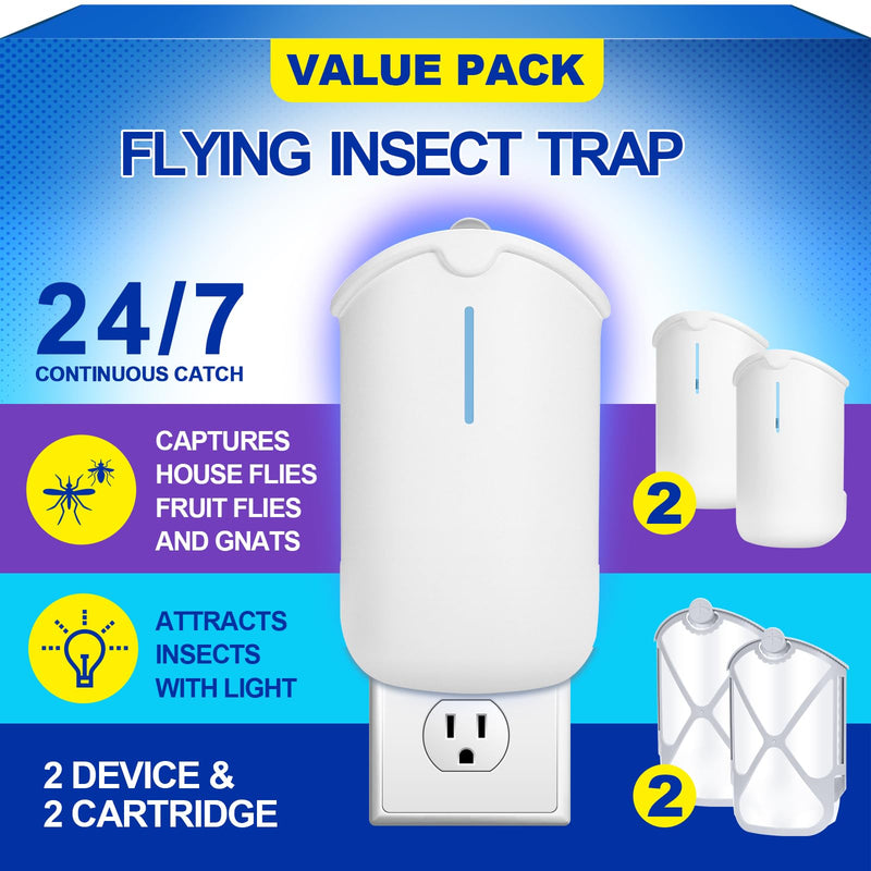 Flying Insect Trap, Compatible with ZEVOM364A Refill, 2 Plug-In Base + 2 Cartridge