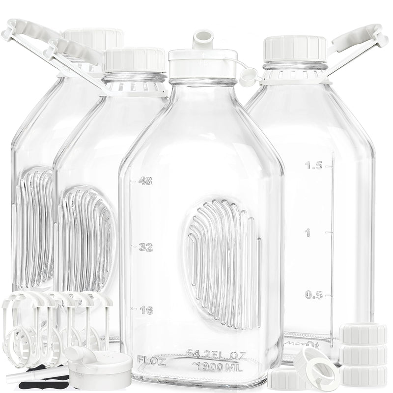 Syntic 4 Pack 2 Qt Glass Milk Bottles with Handle and Airtight Reusable Screw Lids, 1/2 Gal Glass Water & Juice Bottles, 64 Oz Milk Jug Pitcher W