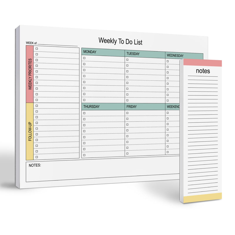 Large Weekly Planning Pad and Matching Notepad, 52 Letter Size Tear-Off Sheets, 8.5' X 11' Undated Weekly Desk Planner Pad, Daily Schedule, to Do