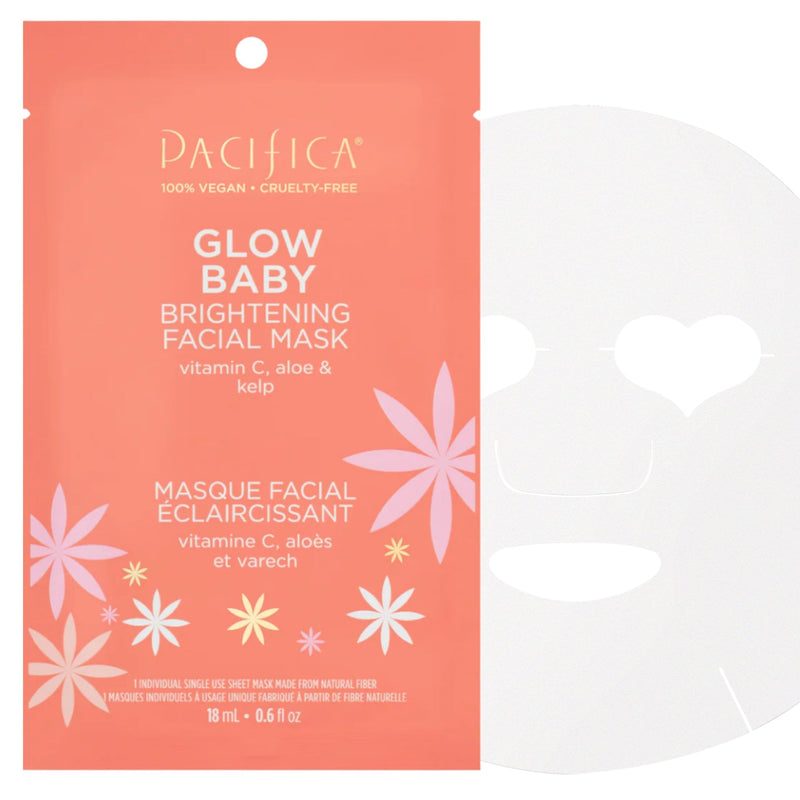 Pacifica Sheet Face Mask - Glow Baby Brightening Facial Mask W/Vitamin C, Aloe & Kelp â Cooling Mask for Dark Spots & Fine Lines - Clean Beauty
