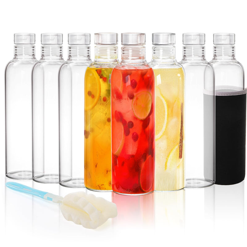 8 Pack Glass Water Bottles with Lids, 16 Oz Clear Glass Juice Bottles with Protective Sleeve Brush, Leak Proof Reusable Refillable Bottles Empty