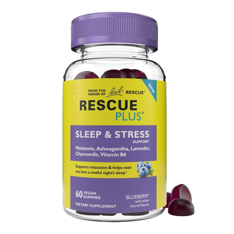 Bach RESCUE plus Sleep & Stress Support Gummies, Nighttime Dietary Supplement with 1Mg Melatonin, Ashwagandha, Chamomile, Lavender & Vitamin B6,