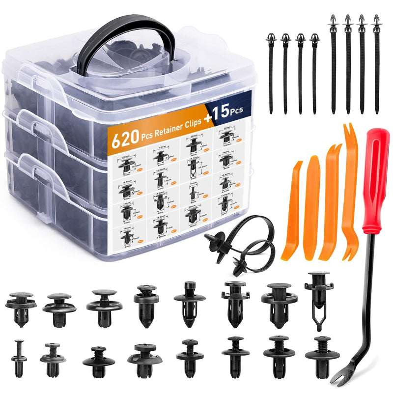 GOOACC 635Pcs Car Push Retainer Clips & Auto Fasteners Assortment -16 Most Popular Sizes Nylon Bumper Fender Rivets with 10 Cable Ties and