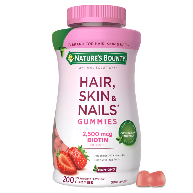 Nature'S Bounty Optimal Solutions Hair, Skin and Nails Pectin Gummies, 2500 Mcg Biotin per Serving, No Stick Gummy, Vegetarian Formula, Strawberry